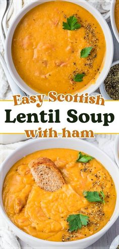 two bowls of lentil soup with ham and parsley on top, one bowl has bread in it