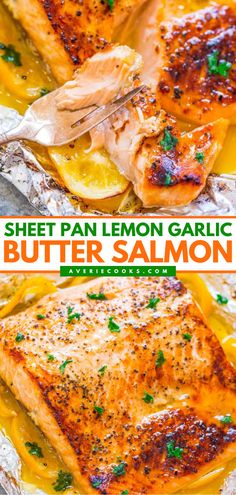 A quick and easy dinner featuring oven-baked salmon! Moist, juicy, and infused with so much flavor, this Sheet Pan Lemon Garlic Butter Salmon is so much better than what you can order from a restaurant! Save this 30-minute recipe! Lemon Salmon Recipes, Lemon Garlic Butter Salmon, Seafood Soups, Salmon Recipes Baked Healthy, Salmon In Foil, Garlic Butter Salmon, Fish Dinner Recipes, Averie Cooks, Pan Recipe