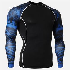 a black shirt with blue and white designs on it