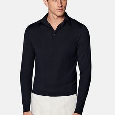 Dress it up under a tailored jacket or swap your shirt with it for a more casual anytime style-this navy long-sleeve polo shirt is an easygoing seasonal must-have. Navy Fitted Collared Polo Sweater, Fitted Navy Collared Polo Sweater, Classic Navy Top For Winter, Classic Navy Tops For Winter, Fitted Long Sleeve Polo Shirt For Formal Occasions, Navy Polo Collar Shirt For Work, Navy Long Sleeve Business Casual Shirt, Polo Collar Shirt For Workwear In Fall, Fall Polo Collar Shirt For Workwear