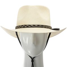 The Rio Grande is an American hybrid between a teardrop crown fedora and the brim and stiffness of a western cowboy hat. Features a sweat-resistant band on the inside and a handcrafted leather and horsehair band on the exterior. The chin strap can be worn functionally or placed above the brim as an extension of the hatband. This item is a genuine Panama Hat handwoven in Ecuador. Imported Material: 100% Toquilla StrawBrim: 3" fixedCrown: 4 1/8" teardropHatband: 5/8" horsetailClimate: Sun Handwove Rigid Brimmed Fedora For Rodeo, Rigid Flat Brim Fedora For Ranch, Ranch Fedora With Flat Brim And Rigid Fit, Ranch Fedora With Flat Brim, Adjustable Country Style Fedora For Riding, Western Short Brim Panama Hat For Rodeo, Western Short Brim Fedora For Riding, Western Panama Hat With Flat Crown, Western Style Panama Hat With Curved Brim