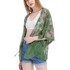 Add a touch of boho flair to your outfit with the Anna-Kaci Women's Short Embroidered Lace Duster Crop Cardigan with Half Sleeves. Blending just the right amount of and modesty, this lace duster keeps your arms and shoulders covered while allowing your outfit to shine through with its sheer lace design. The loose fit, open front, and extra-large armholes ensure a comfortable fit for any body type, creating a dramatic and head-turning flowy look as you walk by. Bohemian Floral Embroidered Cover-up For Spring, Bohemian Outerwear For Spring Vacation, Green One Size Cardigan, Bohemian V-neck Summer Outerwear, Bohemian Embroidered Cover-up, Spring Embroidered Cover-up, Spring Festival Embroidered Cover-up, Fall Festival Open Front Cover-up, Hippie Style Spring Cover-up