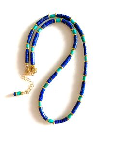 Lapis Lazuli and Turquoise Necklace, Natural Blue Lapis, Unisex, Dainty Beaded Gemstone Necklace, 14K Gold Fill, Sterling Silver - Etsy Lapis And Turquoise Jewelry, Turquoise Beaded Necklace, Heishi Necklace, Tiny Necklace, Lapis Lazuli Necklace, Turquoise Bead Necklaces, Gold Bead Necklace, Blue Lapis, Heishi Beads