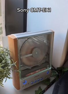 an old fashioned radio sitting on top of a table next to a plant and window