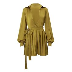 "Be ready for any party or club event with our Olive Satin Pleated Sexy Shirt Dress! Made with luxurious silk, polyester, and spandex materials, this dress features a deep V-neck and lantern sleeves that are sure to turn heads. The pleated design adds a touch of elegance, while the pullover closure makes it easy to slip on and off. Perfect for the spring and summer seasons, this dress will keep you comfortable and stylish all day long. Don't miss out on this must-have fashion piece in a stunning Pleated Satin Dress, Olive Shirt, Bright Color Dresses, Mini Dress Fashion, Satin Silk, Daily Dress, Mini Dresses Summer, Lantern Sleeve, Lantern Sleeves