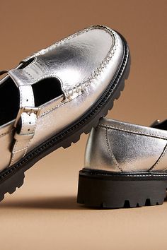 Metallic leather upper Leather insole EVA sole Apron/moc toe Slip-on styling Imported | Weejuns® Metallic Mary Jane Super Lug Loafers by G.H.BASS in Silver, Women's, Size: 7, Leather/Metal/EVA at Anthropologie Lug Loafers, Bass Weejuns, Grey Loafers, Brown Flats, Eva Sole, G H, Lug Sole, Black Flats, Metallic Leather