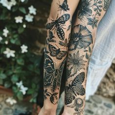 Dazzling Sleeve Tattoo Tattoo Files Black And Gray Leg Sleeve, Black Floral Tattoo Sleeve, Thick Flower Tattoo, Green And Black Tattoo, Black Out Sleeve Tattoo, Carnivorous Plant Tattoo, Plant Sleeve Tattoo, Tattoo Sizes, Electric Tattoo