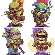 four different types of teenage mutant turtles with swords and helmets on their heads, in various poses