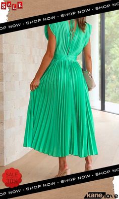 Deep V Neck Waisted Maxi Pleated Swing Dress Vacation V-neck Pleated Midi Dress, Short Sleeve Pleated Midi Dress For Vacation, Green Pleated A-line Maxi Dress, Green Non-stretch Short Sleeve Midi Dress, Green Non-stretch Pleated Dress, Green Non-stretch V-neck Midi Dress, Non-stretch Pleated Maxi Dress For Summer, Green Non-stretch Short Sleeve Maxi Dress, Green Non-stretch Maxi Dress With Short Sleeves