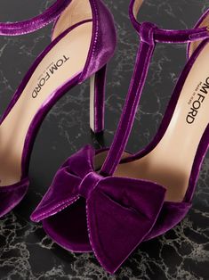 Purple Brigitte bow-embellished velvet sandals | TOM FORD | NET-A-PORTER Luxury Party Sandals With Satin Bow, Luxury Bow Straps Sandals For Party, Velvet Heels For Party, Velvet Evening Heels, Velvet Heels For Evening, Luxury Bow Sandals For Cocktail, Luxury Bow Sandals For Cocktail Occasions, Luxury Cocktail Sandals With Bow, Velvet Sandals