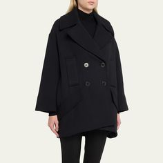 FAZ "Billie Jean" short peacoat Notched collar Two-row button front  Long sleeves Side flap pockets  Mid-length  Relaxed fit  Cotton Lining: Viscose/acetate Made in Portugal Winter Black Single-breasted Peacoat, Classic Solid Single-breasted Peacoat, Black Button-up Pea Coat With Pockets, Black Double-breasted Pea Coat With Notch Lapel, Black Double-breasted Peacoat With Button Closure, Notched Collar, Jean Shorts, Tops Designs, Relaxed Fit