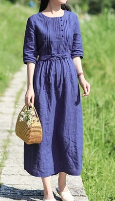 Navy Blue Women Dresses Ramie Casual Spring Linen Women Dresses Casual Long Dresses For Women, Formal Cotton Dress, Modest Day Dresses, Modest Cotton Dresses, Blue Paisley Dress, Modest Linen Dress, Pretty Dresses Casual Simple, Linen Womens Clothes, Women's Fashion Dresses Casual Simple