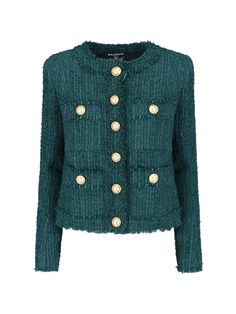 Emerald Green Outfit, Balmain Tweed, Giacca In Tweed, Balmain Jacket, Balmain Blazer, Balmain Clothing, Slim Fit Blazer, Tweed Pattern, Green Tweed