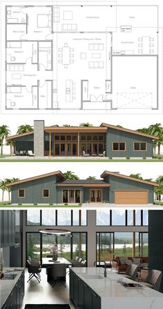 the floor plan for this modern house is shown in two different views, and shows how it