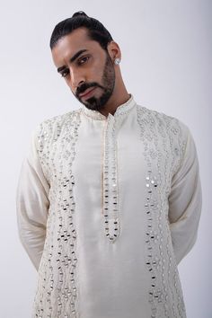 Ivory kurta with mirror embellished wave patterns. Comes with pyjama. - Aza Fashions Wave Mirror, Men Kurta, Pajama Pattern, Mens Pajamas, Wave Pattern, Mandarin Collar, Cotton Silk, Aza Fashion, Types Of Sleeves