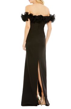 A columnar black gown adds a fully-frothed ruffle for a playfully chic statement. 61" length (size 8) Off-the-shoulder neck Short sleeves Lined Asian Owned/Founded 100% polyester Spot clean Imported Neutral Dresses, Beautiful Evening Gowns, Engagement Party Dresses, Spring Wedding Guest Dress, Mommy And Me Dresses, Bridal Bridesmaid Dresses, Bride Groom Dress, Column Gown, Engagement Dresses