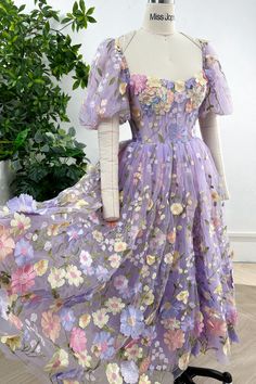 Simple Birthday Dress Ideas, Lavender Corset Dress, Floral Print Puff Sleeve Wedding Dress, Lavender Floral Applique Dress For Spring, Embroidery Frocks For Women, Lavender Fitted Organza Dress, Fitted Lavender Organza Dress, Puff Sleeve Organza Dress For Garden Party, Organza Puff Sleeve Dress For Garden Party