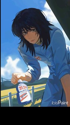 an anime character is holding a can of oil in one hand and looking down at the ground