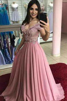 Gaun Koktail, Cap Sleeve Prom Dress, Formal Prom Dresses Long, Prom Dresses 2020, Pink Prom Dress, Elegant Prom Dresses, Lace Formal Dress, Beaded Chiffon, Pink Chiffon