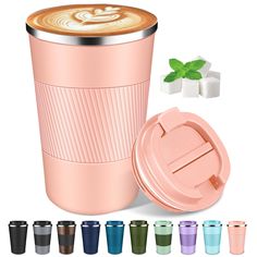 thermos cup with lid is shown next to several different colored cups and ice cubes