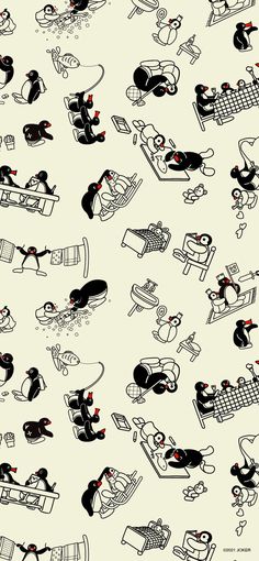 a black and white pattern with dogs playing in different positions on the same couches