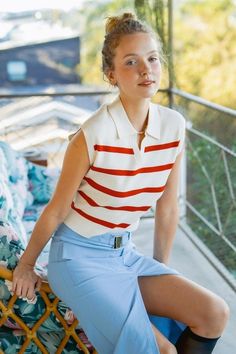 Introducing our Striped Polo Top - a chic addition to your wardrobe. Features include a feminine point collar and a fitted flattering bodice. Fabric Contents: 50% Rayon 30% Polyester 20% Nylon Size Measurement (inch): S: 16.0 (Bust), null (Waist), null (Hips), 20.0 (Length) M: 16.5 (Bust), null (Waist), null (Hips), 20.5 (Length) L: 17.0 (Bust), null (Waist), null (Hips), 21.0 (Length) Sleeveless Polo Outfit, Smart Casual Office, White Jumpsuit Dress, Polo Vest, China Style, M 16, Skirt And Sneakers, Black Knit Dress, Polo Top