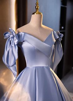 Floor Length Blue Satin Ball Gown Off Shoulder Long Party Dress With Train Blue Satin Ball Gown, Ball Gown Off Shoulder, Blue Satin Prom Dress, Formal Dress Blue, Gown Off Shoulder, Long Party Dress, Hot Skirts, Satin Ball Gown, Prom Dresses Yellow