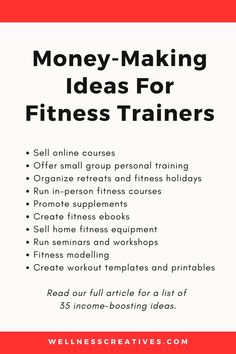 a red and white poster with the words money making ideas for fitness trainers