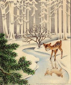 a painting of a deer and its reflection in the water, with snow on the ground