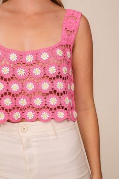 A delightful crochet top adorned with beautiful flower, trimmings, featuring a charming square, neckline and elegantly sleeveless design. Wear over a bathing suit at the beach to a festival or vacation. Pair with white wide leg jeans or shorts. Spring Tank Top With Square Neck, Summer Tank Top With Square Neck For Spring, Trendy Vacation Tops With Crochet Trim, Square Neck Crop Top For Spring Vacation, Casual Pink Square Neck Tank Top, Summer Cotton Crochet Lace Top, Spring Vacation Crochet Top With Crochet Trim, Spring Crochet Trim Beachwear Top, Spring Beachwear Crochet Top With Crochet Trim