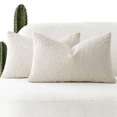 two pillows sitting on top of a white couch next to a green cactus in the background