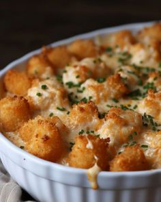 a casserole dish with cheese and bread croutons