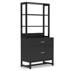 a black bookcase with two drawers and a drawer underneath it on an isolated white background