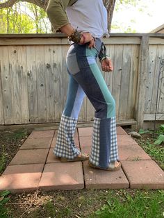 "This listing is for the one of a kind, eco made, patchwork janis Flare Bells. These are a new spin version of my gauchos with a fitted leg through knee and a flare bell bottom leg. Wear these high waisted, or fold down the waistband. The colors of these flare bells are muted, cooler mix of blues, cream, soft turquoise, gray, in prints of solids, plaids. The added extras are the handmade front and back pockets. Size~ XS/S foldable waistband model wears a 4/6, is 5'4, fit good. The 1st measuremen Hippie Wide Leg Patchwork Pants, Hippie Wide-leg Patchwork Pants, Festival Patchwork Wide Leg Bottoms, Wide Leg Patchwork Bottoms For Festival, Hippie Cotton Patchwork Bottoms, Hippie Style Cotton Bottoms With Patchwork, Hippie Style Patchwork Cotton Bottoms, Hippie Floral Patchwork Bottoms For Festival, Cotton Patchwork Pants Full Length