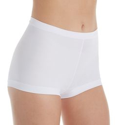 This lightweight, microfiber boyshort has 4-way stretch for comfort and no seams along the sides for invisibility under clothing. Made of polyamide/spandex with 100% cotton crotch lining. 2-ply, banded waistband and leg openings for no binding. Lightweight, DuraFit fabric is breathable and has moisture wicking properties. Microfiber knit has a seamless finish. Center back flat-lock seam for definition. Mid rise. Panties provide full rear coverage. Wide crotch has a sewn-in cotton crotch for comf Compression Shorts, White Boys, Cool Fabric, Boy Shorts, White Shorts, Moisture Wicking, Mid Rise, Perfect Fit, Womens Shorts