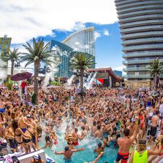 a large group of people are in the pool