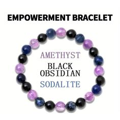 NWT Amethyst, Black Obsidian, & Sodalite Combo, 8 mm Round Gemstone Bracelet A beautiful bracelet hand crafted from Amethyst, Black Obsidian and Sodalite beads. 8 mm thick beads on a stretchable bracelet, fits most wrists. About 7.5" in size. This carefully selected combination of three powerful crystals will may help you feel empowered, confident and in control of your life. Amethyst - Also known as the 'Stone of Peace', Amethyst is one of our most popular crystals. It may assist you in happiness, groundedness, emotional balance, resolve, love, peace, addiction, and tame unruly dreams. It is a stone that truly knows no bounds as it is one of the most powerful gemstone crystals. Amethyst is associated with the Brow and Crown Chakra and has a host of metaphysical properties. Black Obsidian Black Amethyst Crystal Bracelet In Spiritual Style, Black Amethyst Gemstone Bracelets, Black Amethyst Gemstone Bracelet, Black Amethyst Beaded Bracelets Spiritual, Spiritual Black Amethyst Beaded Bracelets, Mind At Peace, Powerful Crystals, Crystals Amethyst, Gems Bracelet