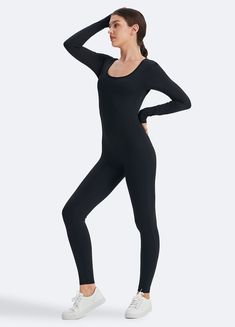 Turn heads with our Open Back Jumpsuit, designed for both comfort and style. Stay chic and cool with a breathable, open back design and soft, stretchy fabric. Perfect for casual outings, special occasions, and anything in between. Compressive Casual Bodysuit, Casual Compressive Bodysuit For Loungewear, Casual Compressive Bodysuit, Casual Full Length Solid Jumpsuits And Rompers, Casual Summer Sports Unitard, Casual Fitted Full-length Activewear, Casual Bodysuit With Thumbholes For Fall, Black Long Sleeve Athleisure Jumpsuits And Rompers, Casual Spring Bodysuit With Thumbholes