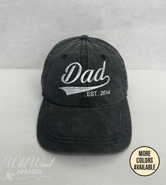 Dad Hat With Custom Year Est, Unstructured Dad Hat, Custom Name Cap, Embroidered Hat, Personalized Dad Cap, Father's Day Gift This cool hat with a personalized year Est. will make a perfect gift for any dad! Please refer to the listings image gallery for the hat and thread color charts. If no thread color provided, we'll use  white or black thread, depending on the hat color. DETAILS 100% cotton pigment dyed twill Unstructured, six-panel, low-profile Pre-curved visor Adjustable Tri-glide buckle Cool Hat, Reading Pa, Hat Custom, Embroidered Hat, Dad Cap, Dad Caps, Black Thread, Embroidered Hats, Cool Hats