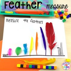 a piece of paper with feathers on it and some crayons next to it