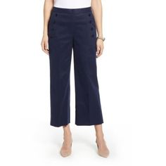 A Classic Look Gets An Update With A Smartly Cropped Length Which Creates A Summer Style That Floats All Boats. True To Size. Features A Hidden Side-Zip Closure, Side-Seam Pockets, Faux Back Welt Pockets, Button Accents. Color: Navy Size: 2 (Petite) 53% Cotton, 45% Lyocell, 2% Spandex Machine Wash Measurement Inseam - Approx 24 In Front Rise - Approx 10.5 In New With Tags This Item Has Original Tags And Shows No Visible Signs Of Wear. - Get Additional 10% Discount For 3 Items Or More From This S Cropped Leg Workwear Bottoms With Buttons, Elegant Navy Ankle-length Pants, Spring Tailored Pants With Buttons, Tailored Pants With Buttons For Spring, Formal Summer Bottoms With Buttons, Elegant Summer Capris For Workwear, Formal Bottoms With Button Closure For Summer, Spring Formal Bottoms With Buttons, Navy Formal Bottoms For Spring