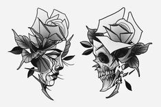 two skulls with roses on their heads