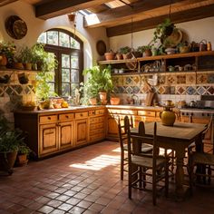 a kitchen with lots of potted plants on the wall and wooden furniture in it