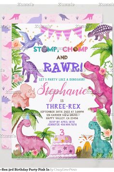 a pink and purple birthday party with dinosaurs