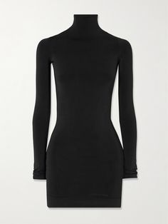 Balenciaga's dress is made from thick, sculpting jersey to create a figure-hugging silhouette. It's cut with a chic turtleneck and long sleeves and falls to an ultra-mini hem. Style yours with point-toe boots and futuristic sunglasses. Sleek Turtleneck Dress For Fall, Fitted Turtleneck Mini Dress, Evening Turtleneck Dress, Elegant Stretch Turtleneck Mini Dress, Elegant Turtleneck Stretch Dress, Chic Fitted Turtleneck Mini Dress, Fitted Turtleneck Dress For Night Out, Sleek Fitted Turtleneck Dress, Stretch Night Out Dress With Thumbholes