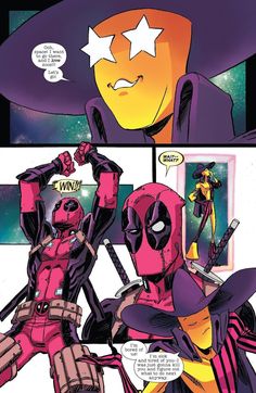 deadpool and spider - man are in the same comic strip, one is holding his hand up