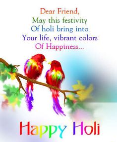 two birds sitting on a branch with the words happy holi