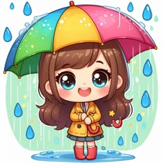 a cartoon girl holding an umbrella in the rain with water droplets on her head and eyes