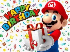 a mario birthday card with the character holding a present