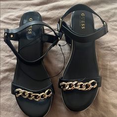 Gorgeous Black Dress Sandals. Nwot Beautiful Gold Colored Chain Accent Black Dress Sandals, Gorgeous Black Dress, Guess Shoes, Dress Sandals, Women's Shoes Sandals, Shoes Sandals, Gold Color, Sandals, Women Shoes